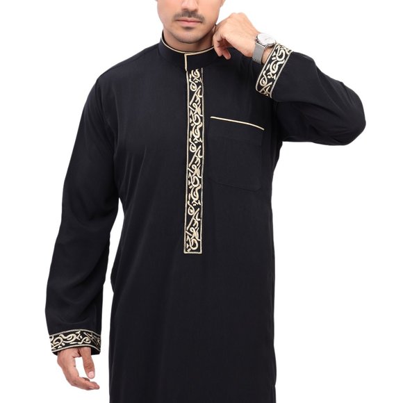 Men Arab thoub Dishdash Long Sleeve Thobe Islamic Robe Kaftan Abaya Dress - Picture 6 of 14